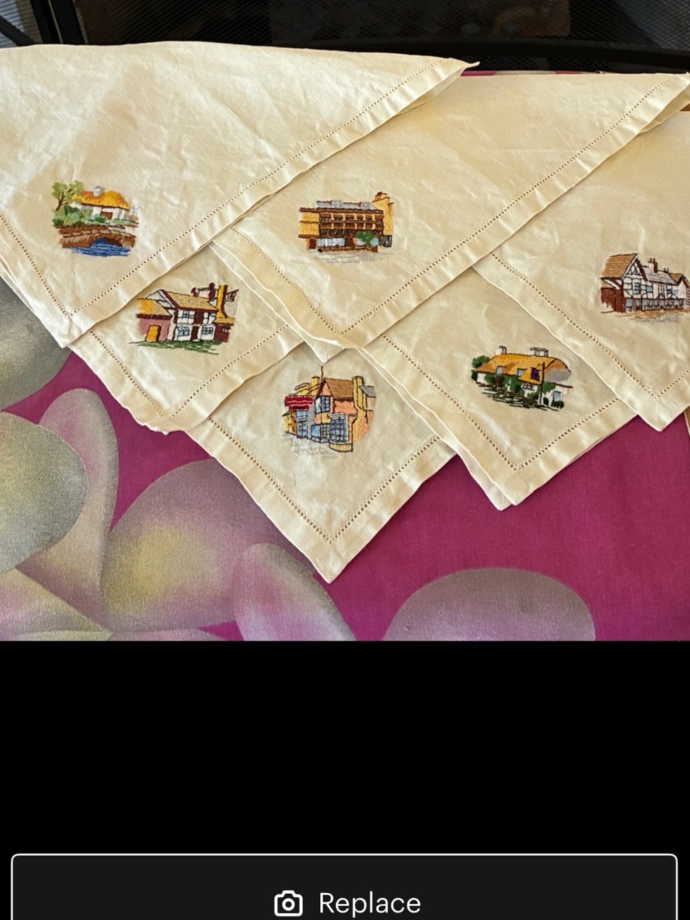 Set of 6 vintage linen napkins 12” square EMBROIDERED houses